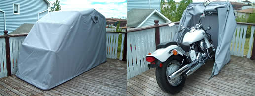 Bike Barn Motorcycle cover deployed on a patio